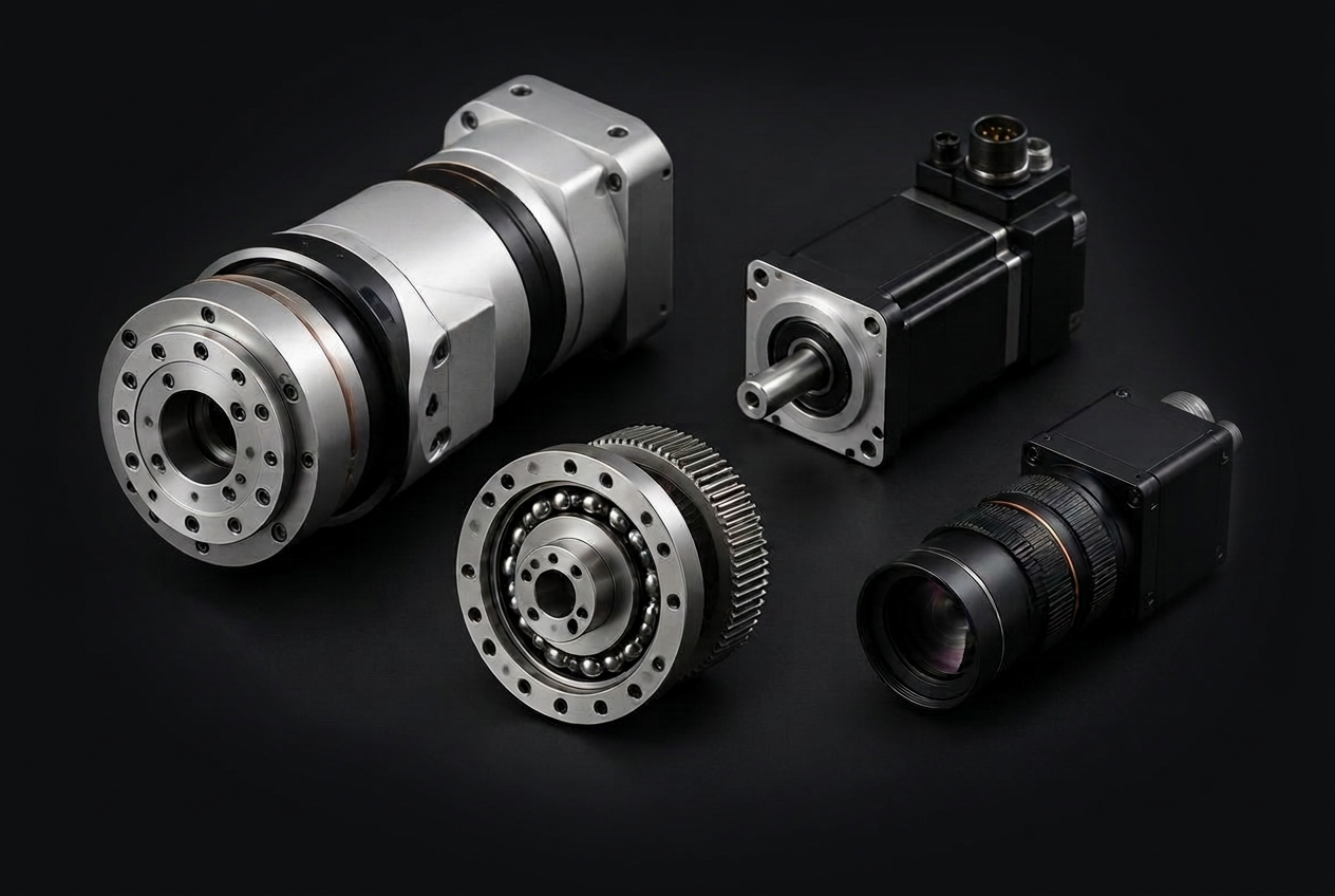 Conceptual rendering of robotic actuation: joint actuator, harmonic drive, servo motor and camera module