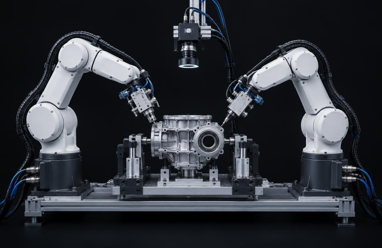 Conceptual rendering of a robotic assembly and testing cell with two arms over a drive housing fixture