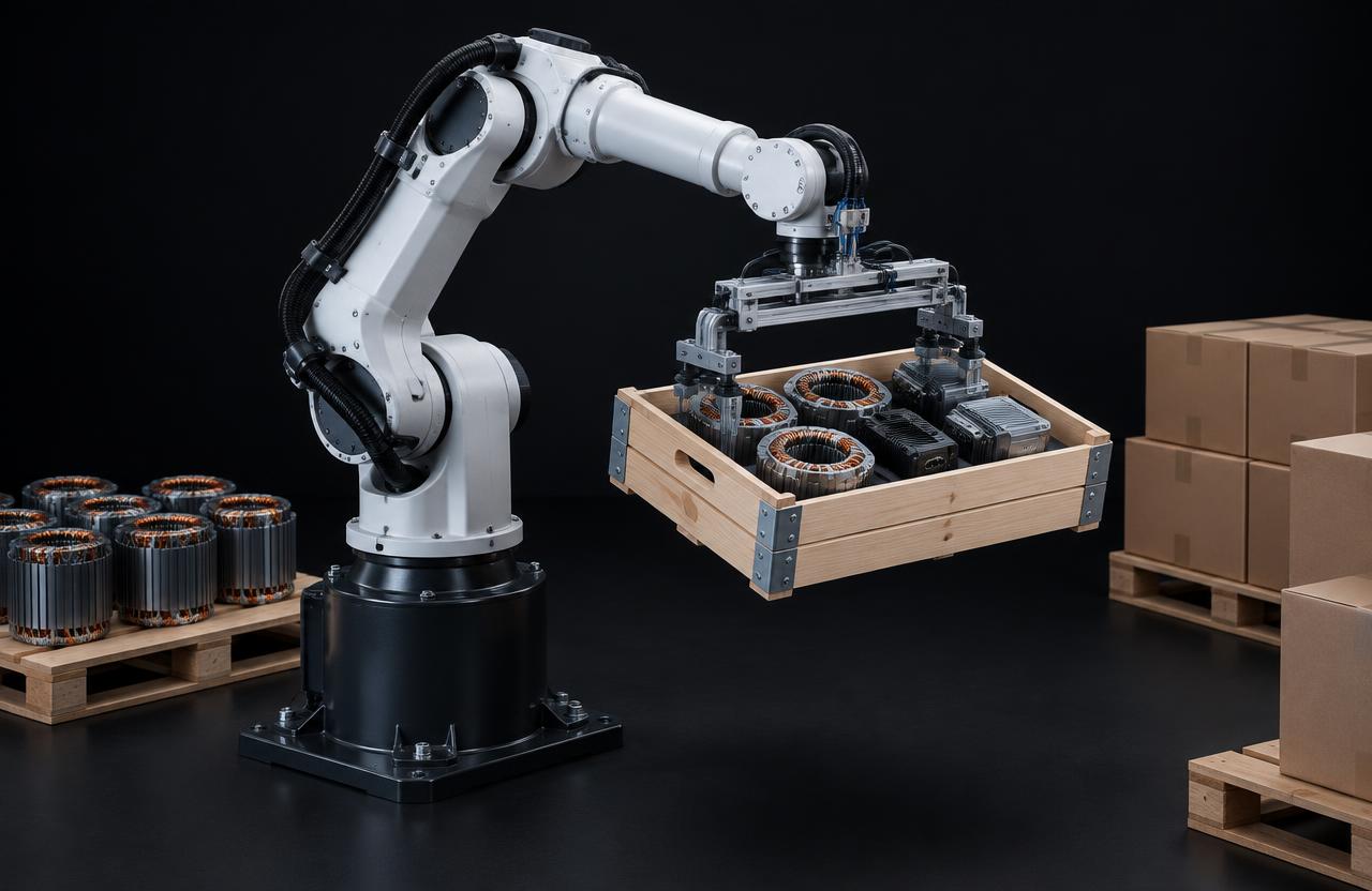 Conceptual rendering of component distribution: an industrial robotic arm lifting a crate of motor stators and drive units