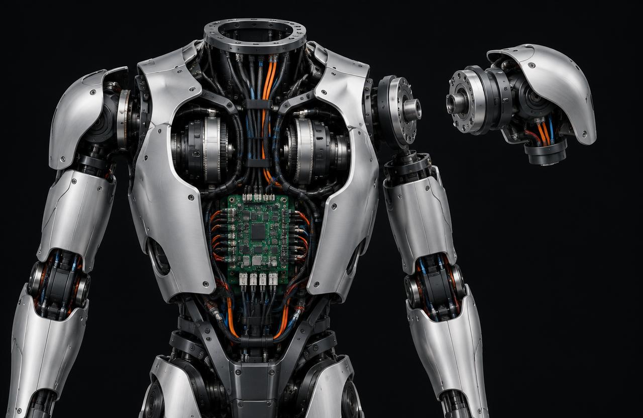 Conceptual rendering of a humanoid robot torso with exposed rotary actuators, cable looms and a control board