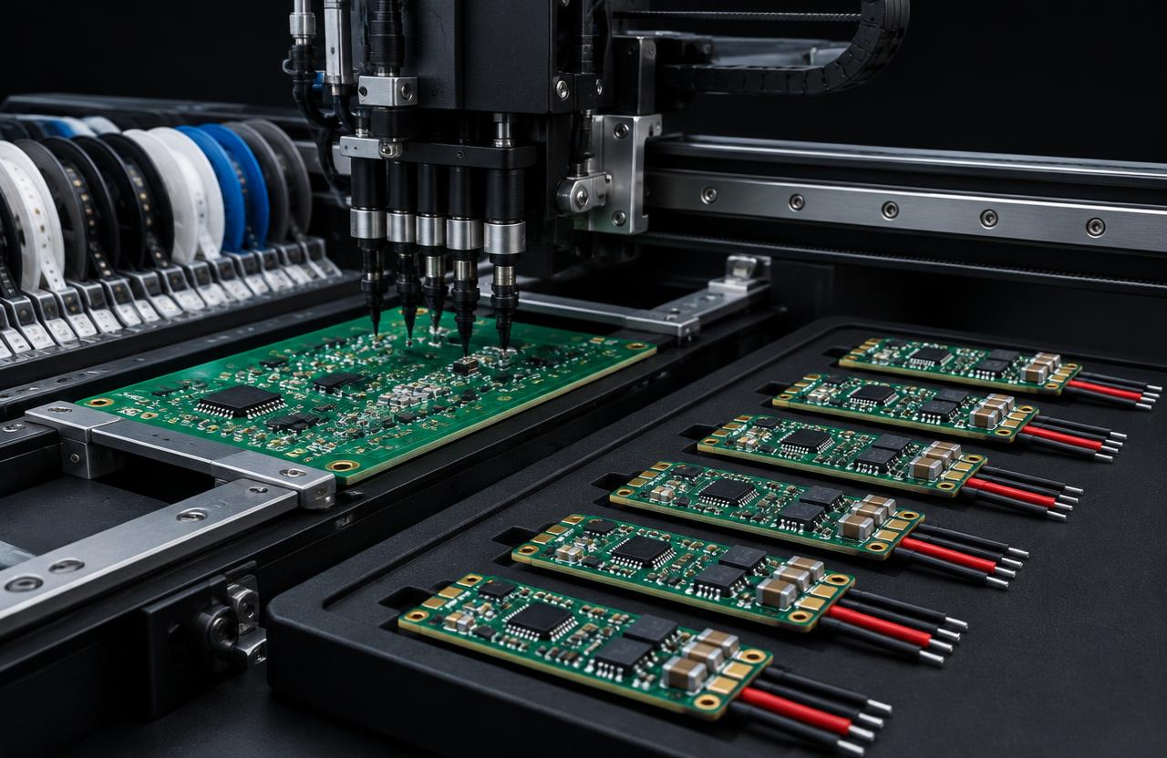 Conceptual rendering of PCB assembly: a pick-and-place machine head placing components on a printed circuit board