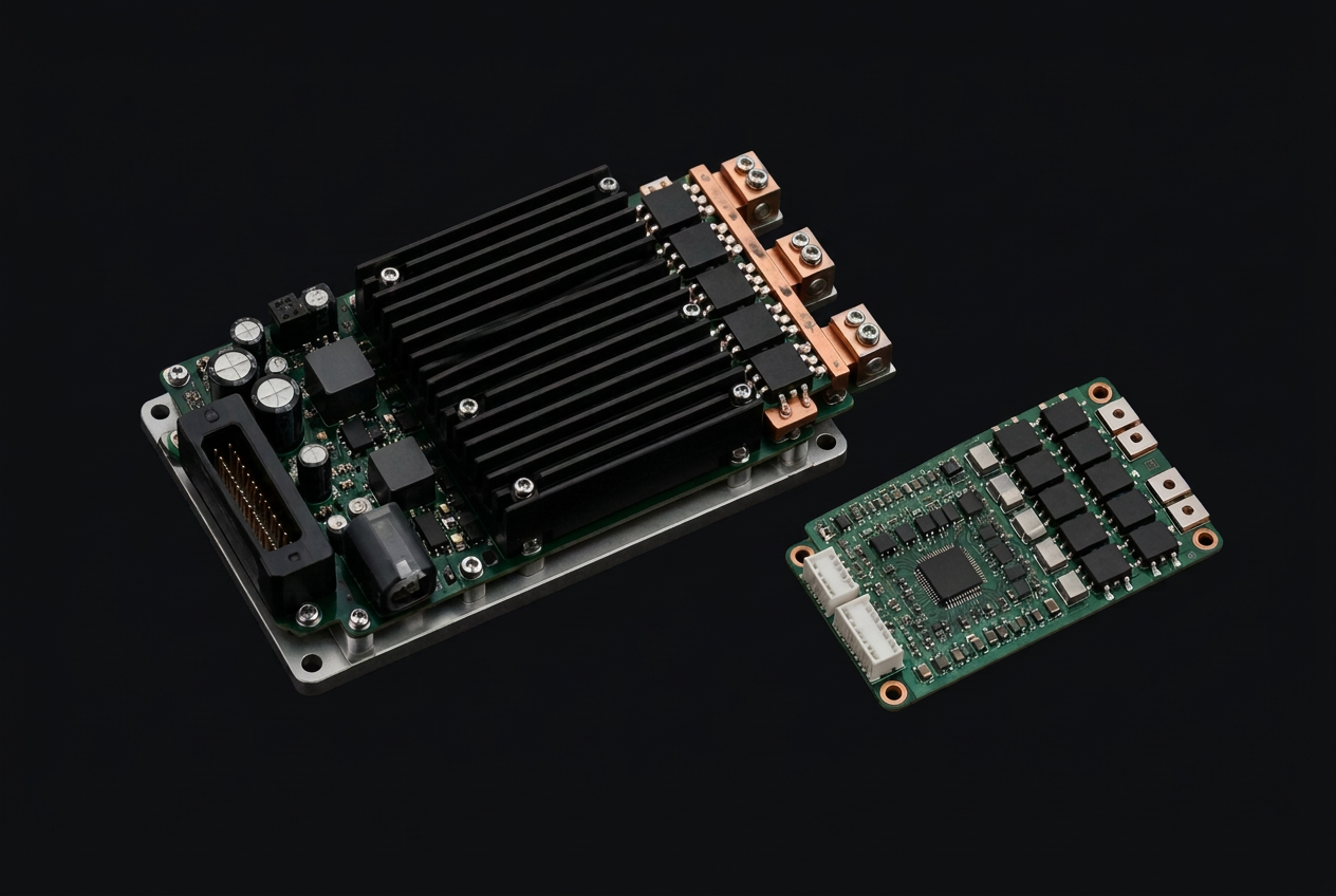 Conceptual rendering of ESC and power electronics: controller PCB, heat sink, MOSFETs and busbars