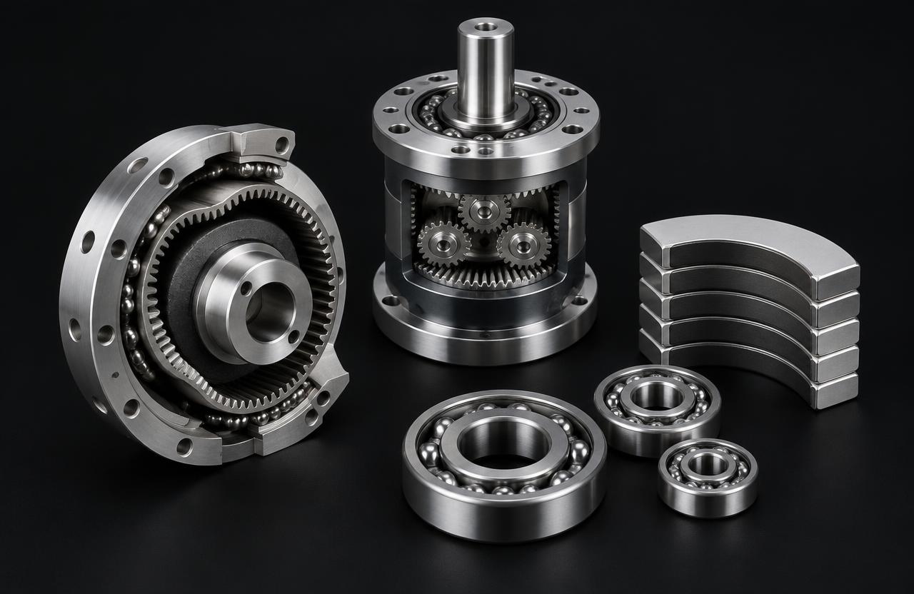 Conceptual rendering of precision motion components: harmonic drive, planetary gearbox, arc magnets and ball bearings