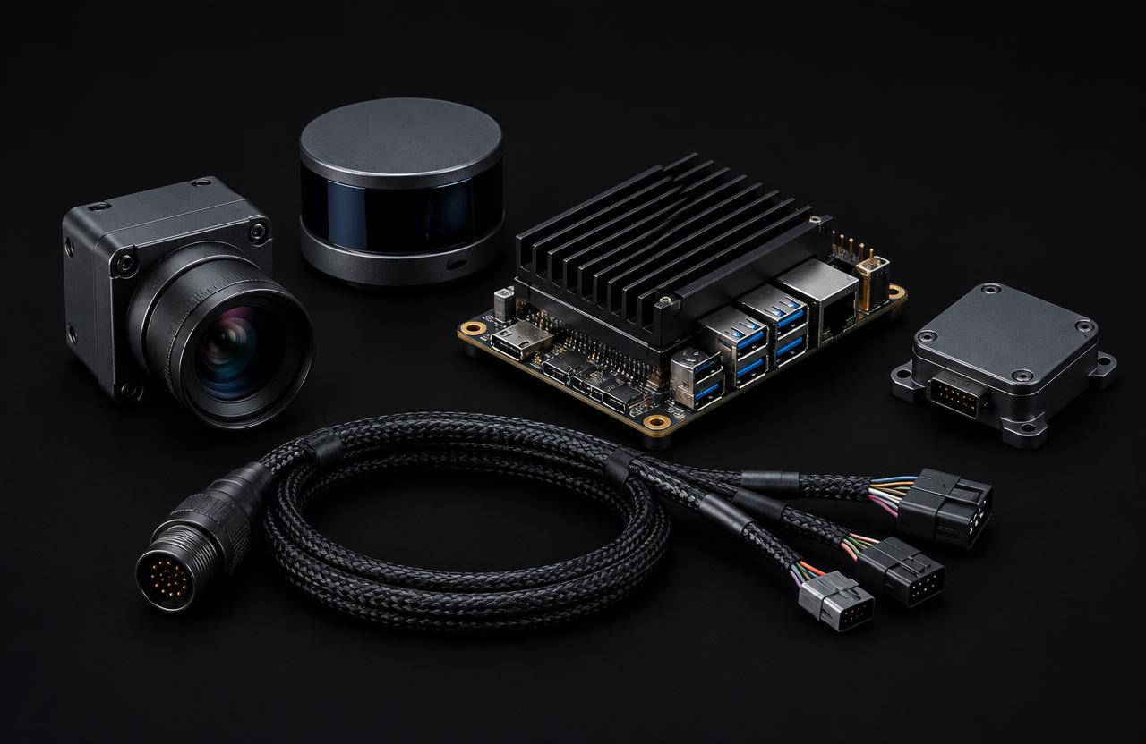 Conceptual rendering of a robot sensing stack: machine vision camera, lidar puck, inertial module, edge compute board and wiring harness