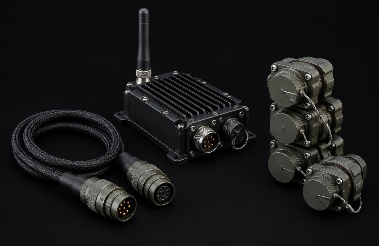 Conceptual rendering of communication hardware: radio telemetry module with antenna, rugged circular connectors and braided cables