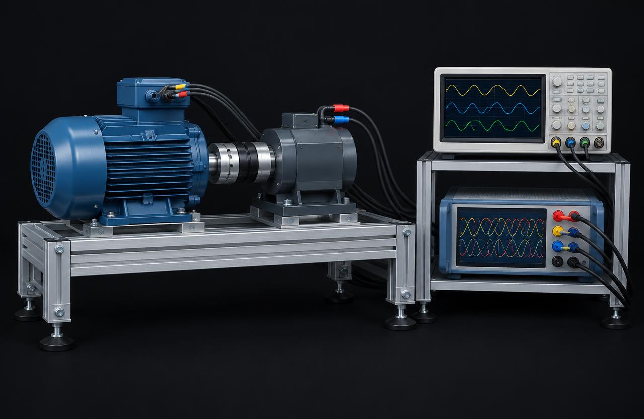 Conceptual rendering of an electric motor on a test bench coupled to a dynamometer with oscilloscope and power analyser